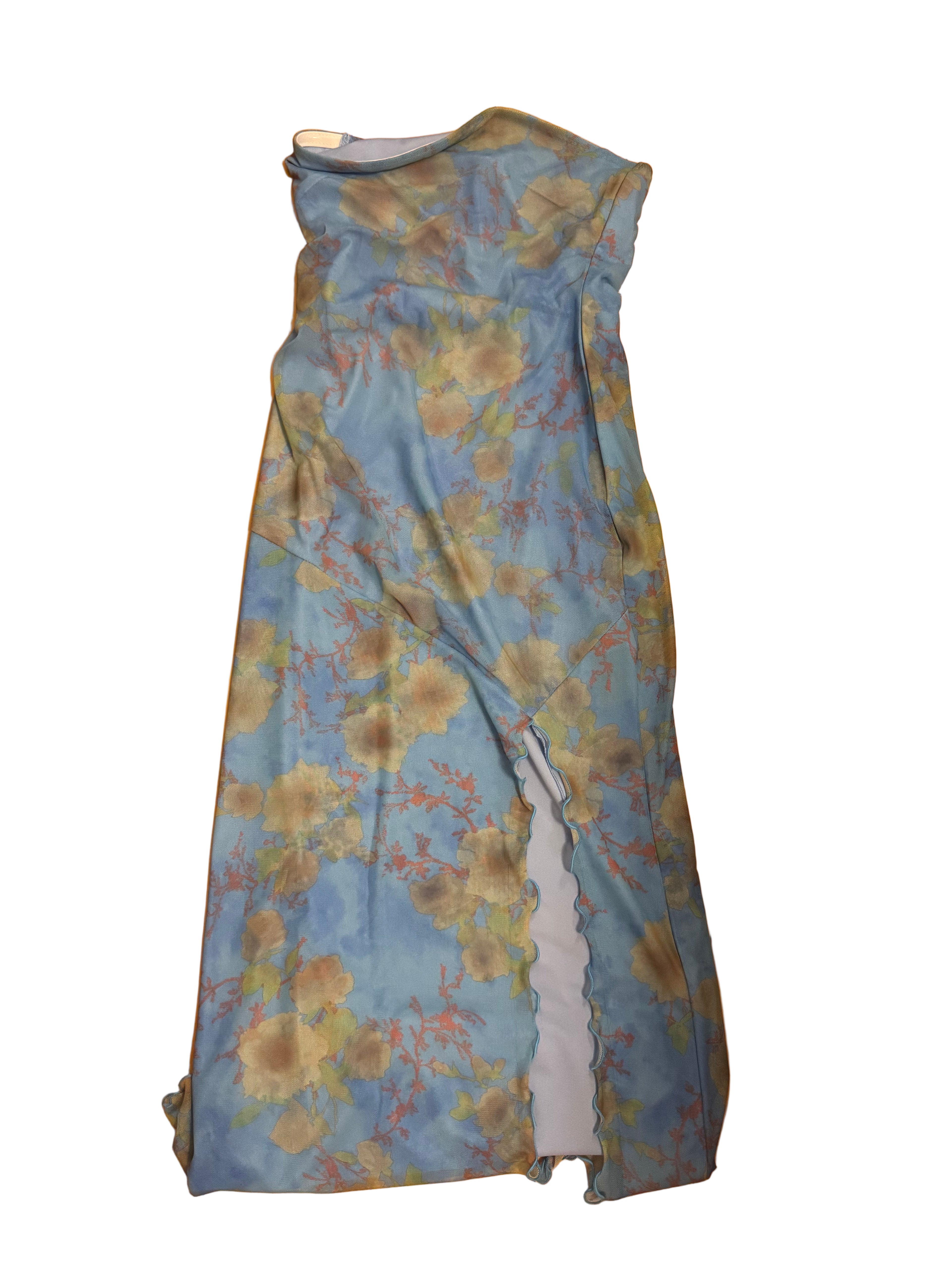 Blue mesh strapless dress