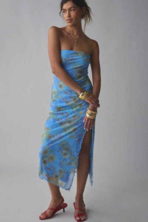 Blue mesh strapless dress